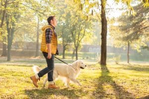 Man walking dog in fall